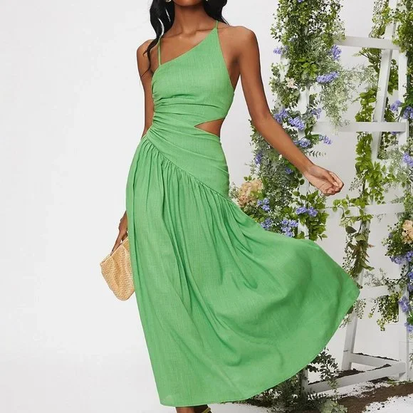 green frill hem dress Green Wrap Over Frill Hem Short Sleeve Midi Dress – AX Paris